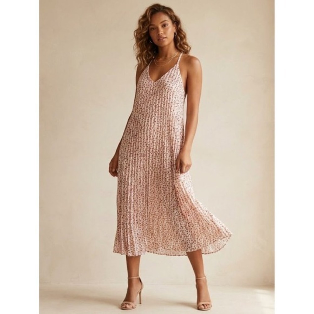 Victoria's Secret Floral Pleated Midi Dress Pink Cream V-Neck Racerback Small